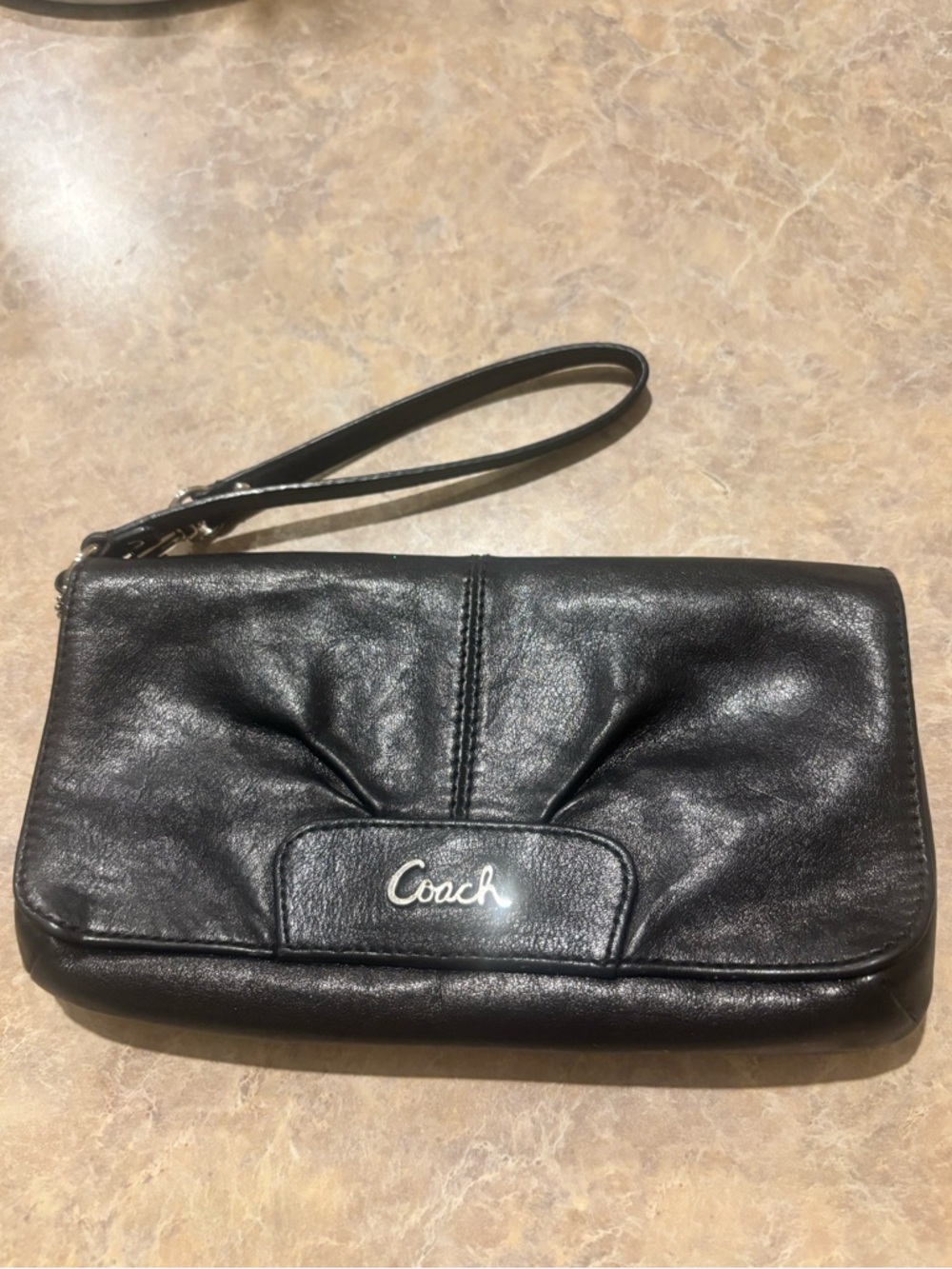 Coach Black Leather Wristlet with Silver Logo